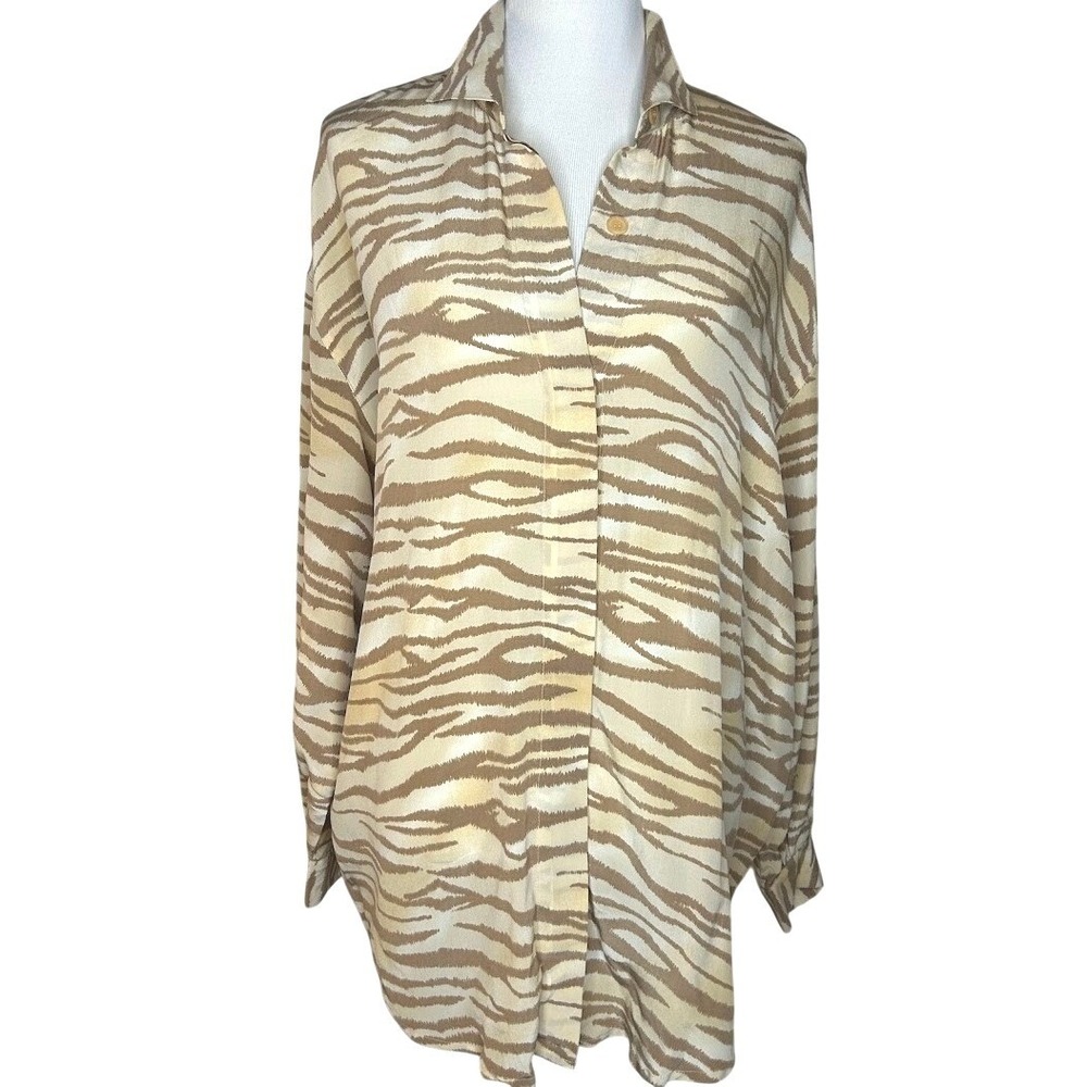 Vintage Krizia Silk Blouse Womens 14‎ Tan Cream Animal Print Button Down Shirt
